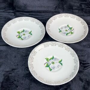 Set of 3 Vintage‎ Soup Bowls Dogwood Flower Gold Filigree Scroll Rim 6 in China